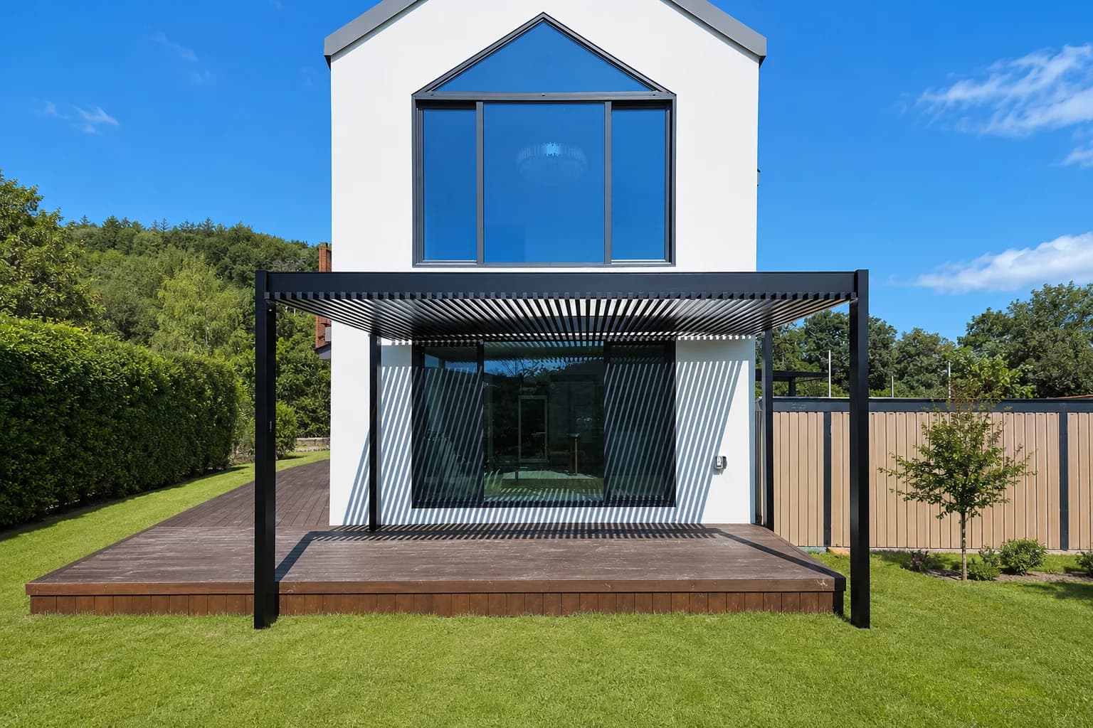 Modern aluminium pergola providing shade in Australian garden